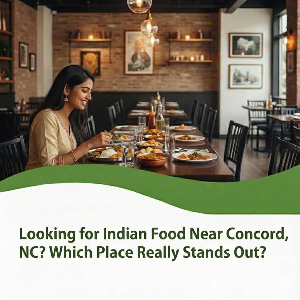 A woman sits in the indian food near concord NC table enjoying a meal with several Indian dishes