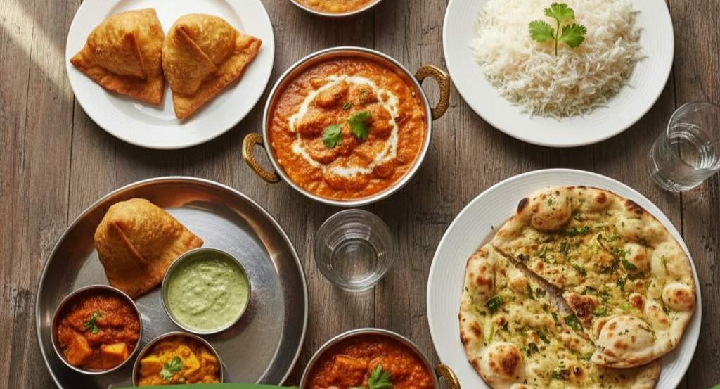 A woman sits in the indian food near concord NC table enjoying a meal with several Indian dishes