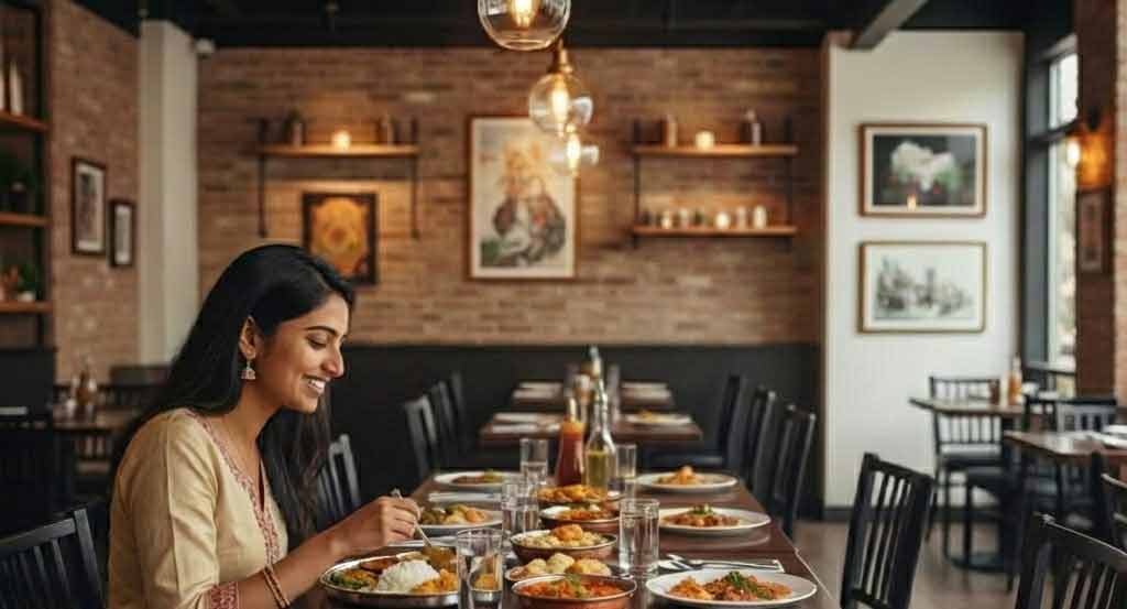 A woman sits in the indian food near concord NC table enjoying a meal with several Indian dishes